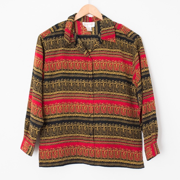 Jordan Tops - Jordan | Vintage 80's/90's Long Sleeved Red Black & Gold Baroque Blouse | Size M